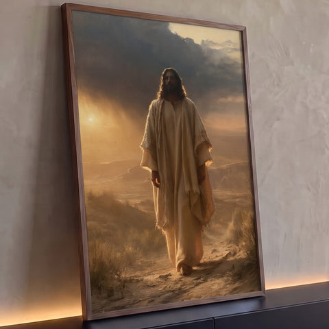 Jesus Cristo de manto bege caminhando em trilha no deserto sob nuvens escuras e sol baixo, quadro decorativo