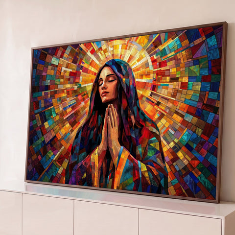 Nossa Senhora em oração com mãos unidas e auréola em mosaico colorido estilo vitral, quadro decorativo