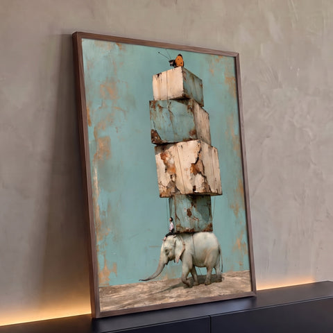 Elefante carregando torre de blocos desgastados com homem e borboleta sobre parede azul, quadro decorativo