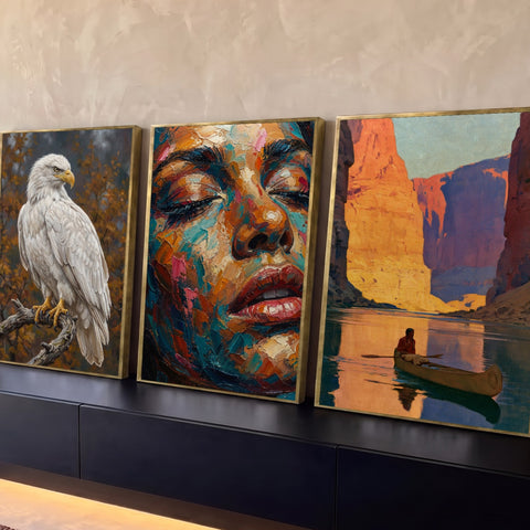 Quadro Decorativo Kit 3 Telas Águia Rosto para Sala Laranja | quadros decorativos para sala | águia branca, rosto feminino abstrato colorido e canoa em cânion ao pôr do sol | Porao dos Quadros