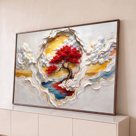 Bonsai de folhas vermelhas sobre lago azul entre nuvens em relevo e filetes dourados, quadro decorativo