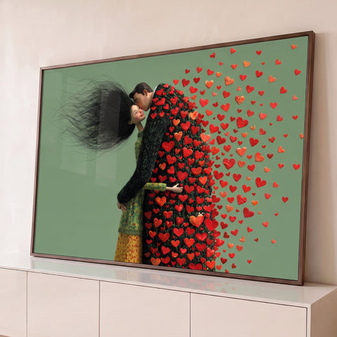 Casal abraçado com beijo na testa e corações vermelhos voando sobre fundo verde, quadro decorativo