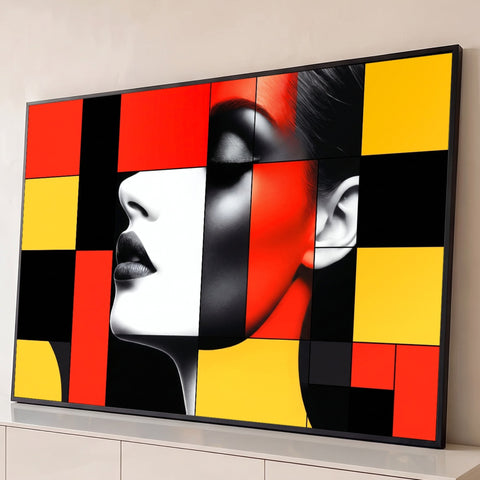 Rosto de mulher em perfil recortado por blocos vermelhos, amarelos e pretos, quadro decorativo
