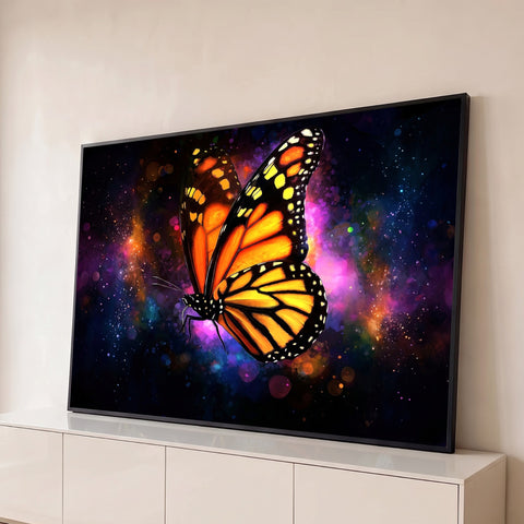 Borboleta-monarca laranja e preta voando sobre nebulosa roxa e céu estrelado, quadro decorativo