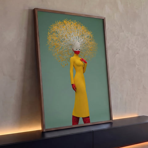 Mulher surreal de vestido amarelo com galhos brancos e flores amarelas, fundo verde, quadro decorativo
