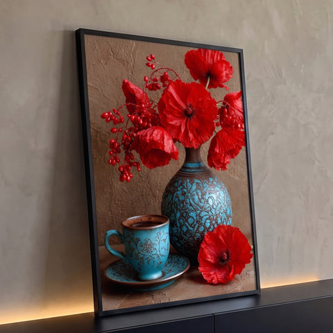 Papoulas vermelhas em vaso turquesa ao lado de xícara de café e bagas vermelhas, quadro decorativo