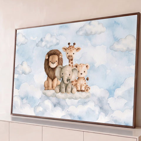 Leão, girafa, elefante e leopardo filhotes em aquarela sentados nas nuvens azuis, quadro decorativo