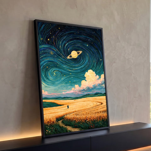Céu estrelado em espiral azul com Saturno sobre campo de trigo dourado e figura solitária, quadro decorativo