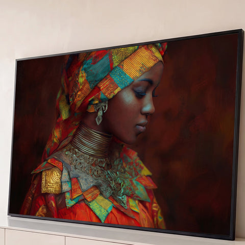 Mulher negra de perfil com turbante africano colorido e colares dourados em fundo vermelho, quadro decorativo