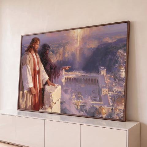 Jesus no alto do templo com figura sombria apontando Jerusalém em tons lilás, quadro decorativo