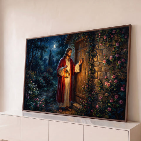 Jesus de manto vermelho batendo à porta de madeira com lanterna, noite de lua e rosas, quadro decorativo