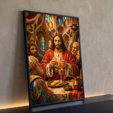 Jesus partindo o pão na Santa Ceia em mosaico, manto vermelho e vitrais coloridos, quadro decorativo