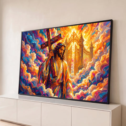 Jesus carregando a cruz entre nuvens coloridas diante de portão dourado, arte geométrica, quadro decorativo