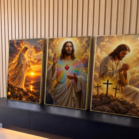 Quadro Decorativo Kit 3 Telas Nossa Senhora Cristo para Sala | quadros decorativos para sala | tríptico com Nossa Senhora, Sagrado Coração de Jesus e Jesus orando diante de três cruzes | Porao dos Quadros
