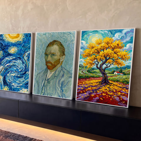Quadro Decorativo Kit 3 Telas Tributo a Van Gogh para Sala | quadros decorativos para sala | três painéis com noite estrelada, autorretrato e árvore dourada ao estilo Van Gogh | Porao dos Quadros