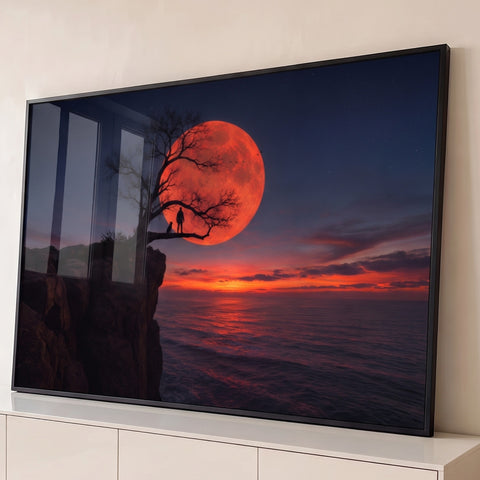 Lua vermelha gigante atrás de árvore seca com homem e cão em penhasco sobre o mar à noite, quadro decorativo