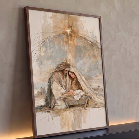 Maria, José e o Menino Jesus na manjedoura sob a Estrela de Belém em tons bege, quadro decorativo