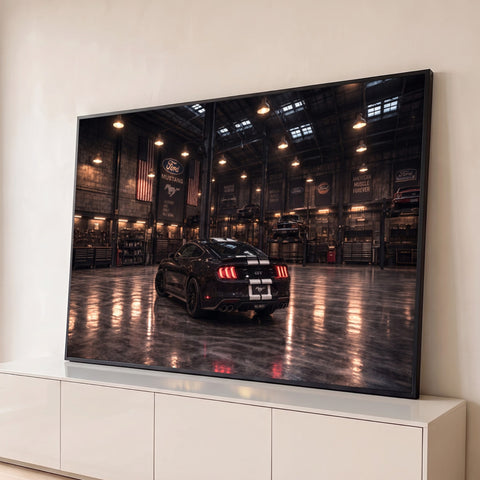 Ford Mustang GT preto com listras brancas em garagem com bandeiras americanas e piso brilhante, quadro decorativo