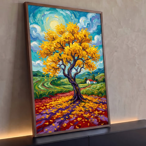 Quadro Decorativo Grande Árvore Amarela de Van para Sala | quadros decorativos para sala | árvore de folhas douradas com céu turquesa em espiral e casa ao fundo | Porao dos Quadros