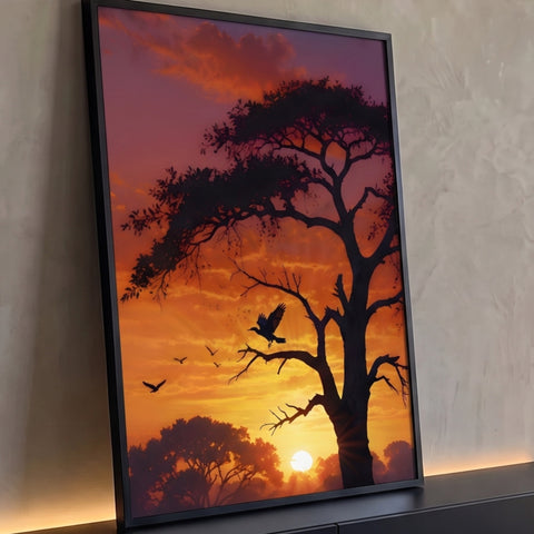 Árvore da savana em silhueta com pássaro em voo sob céu laranja de pôr do sol, quadro decorativo