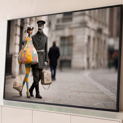 Casal retrô surreal na rua, homem de bigode em preto e branco e mulher de vestido colorido, quadro decorativo