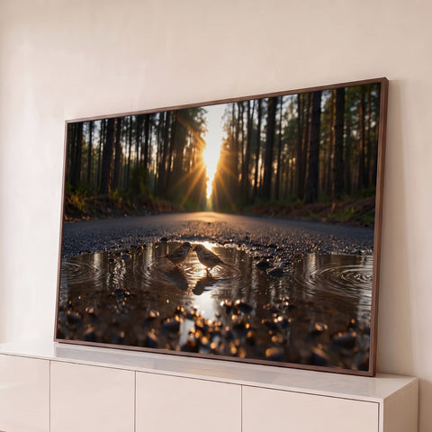 Dois pardais numa poça d'água refletindo o sol entre pinheiros na estrada da floresta, quadro decorativo