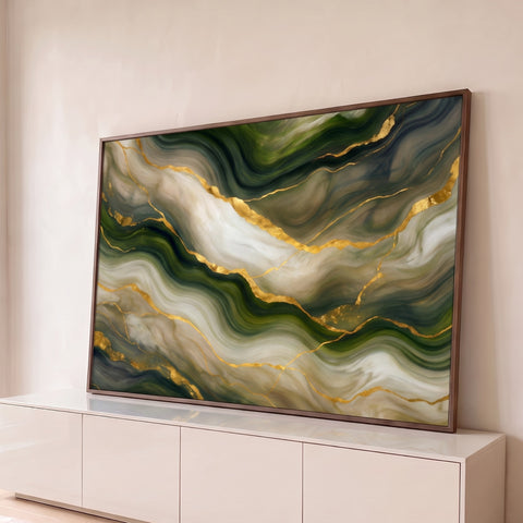 Abstrato em ondas de mármore verde oliva e creme cortadas por veios dourados, quadro decorativo