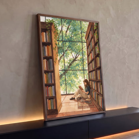 Mulher lendo sentada no chão entre estantes de livros e janela verde em aquarela, quadro decorativo