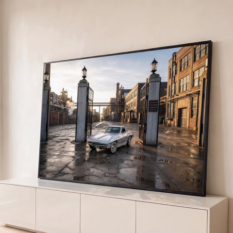 Corvette prata clássico no portão de fábrica de tijolos, piso molhado e luz do entardecer, quadro decorativo