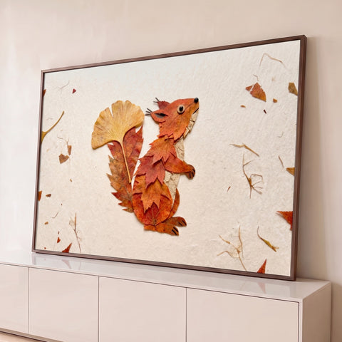 Esquilo montado com folhas secas de bordo e ginkgo sobre papel artesanal creme, quadro decorativo