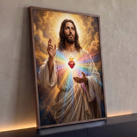 Jesus abençoando com Sagrado Coração em chamas, raios coloridos e nuvens douradas, quadro decorativo