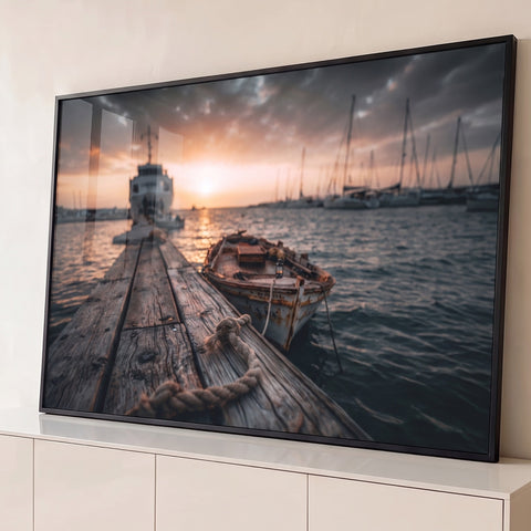 Barco antigo ao lado de píer de madeira com corda, porto com veleiros ao pôr do sol, quadro decorativo