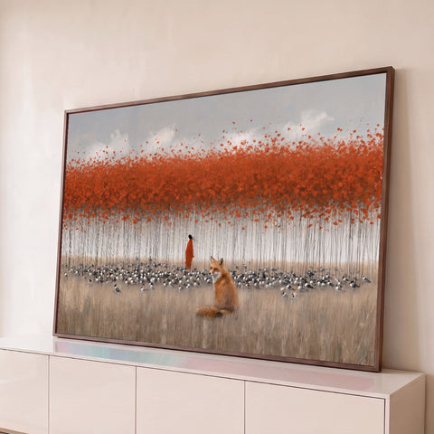 Raposa sentada no campo dourado com bando de pássaros e árvores de copa vermelha ao fundo, quadro decorativo