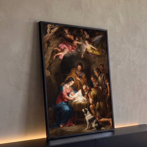 Maria, José e Menino Jesus na manjedoura com anjos, pastores e cão em gruta, quadro decorativo