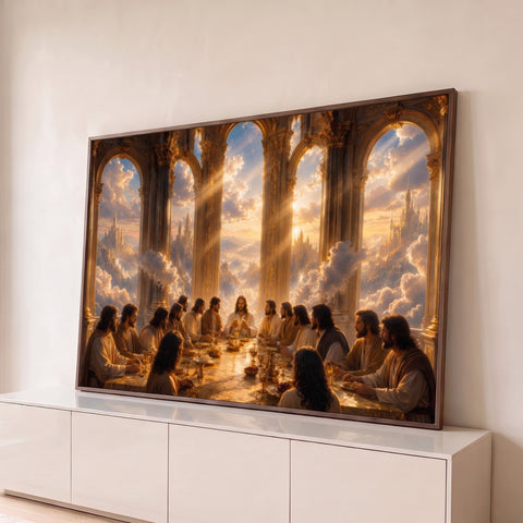 Jesus e os apóstolos à mesa em salão dourado com arcos para cidade celestial entre nuvens, quadro decorativo