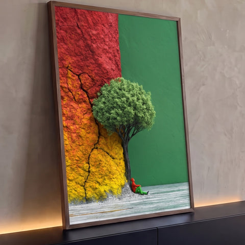 Árvore verde e pessoa de capuz vermelho sentada junto a muro rachado vermelho e amarelo, quadro decorativo