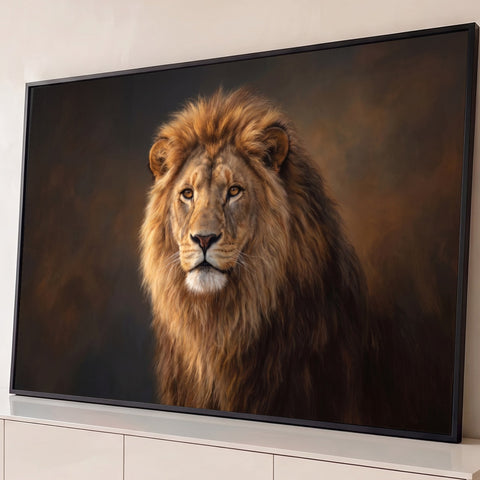 Leão de frente com juba dourada sobre fundo marrom escuro em estilo pintura a óleo, quadro decorativo
