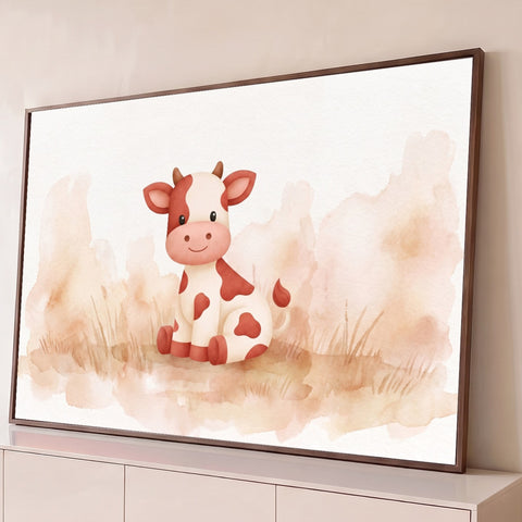 Vaquinha fofa sentada na grama seca em aquarela, tons bege e terracota, quadro decorativo