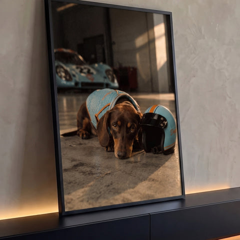 Dachshund de colete azul deitado junto a capacete e carro de corrida em garagem, quadro decorativo