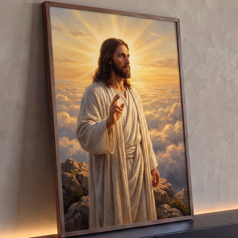 Jesus Cristo de manto branco abençoando sobre as nuvens com sol dourado ao fundo, quadro decorativo
