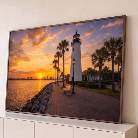 Farol branco entre palmeiras em calçadão à beira-mar no pôr do sol laranja, quadro decorativo