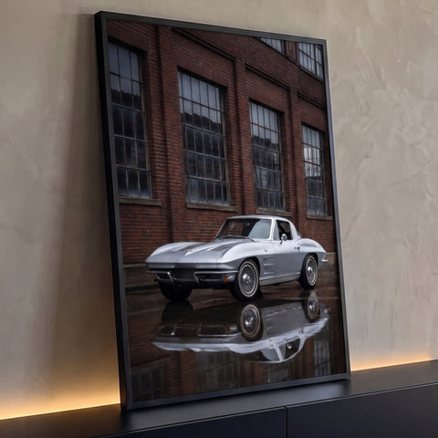 Corvette Stingray prata clássico refletido em piso molhado diante de fachada de tijolos, quadro decorativo