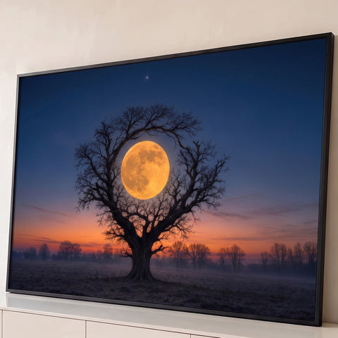 Lua cheia dourada emoldurada por galhos de árvore seca em céu azul ao anoitecer, quadro decorativo