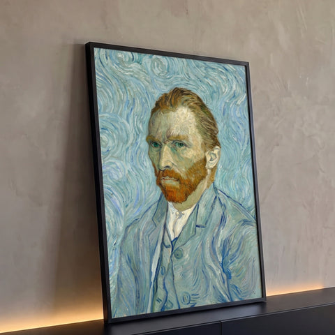 Quadro Decorativo Grande Autorretrato de van para Sala Azul | quadros decorativos para sala | autorretrato de homem com barba ruiva e fundo azul em espirais | Porao dos Quadros