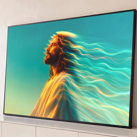 Jesus de perfil olhando o céu com cabelo e manto em ondas de luz turquesa e dourada, quadro decorativo