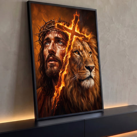 Jesus com coroa de espinhos ao lado de leão e cruz em chamas em tons de laranja, quadro decorativo