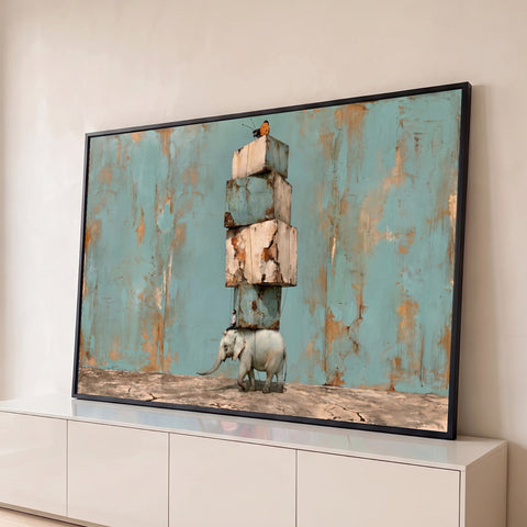 Elefante branco carregando torre de blocos com borboleta laranja no topo e parede turquesa, quadro decorativo