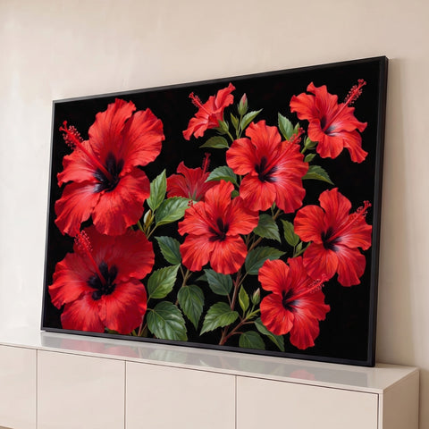 Pintura de hibiscos tropicais vermelhos com folhas verdes sobre fundo preto, quadro decorativo