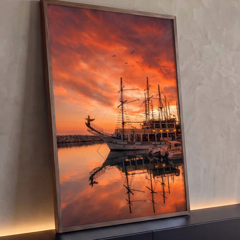 Galeão com mastros refletido na água do porto sob céu laranja de pôr do sol e gaivotas, quadro decorativo