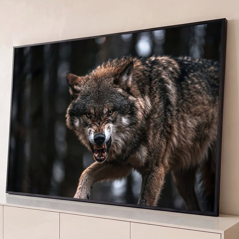 Lobo cinzento rosnando e avançando com presas à mostra, fundo de floresta escura desfocada, quadro decorativo
